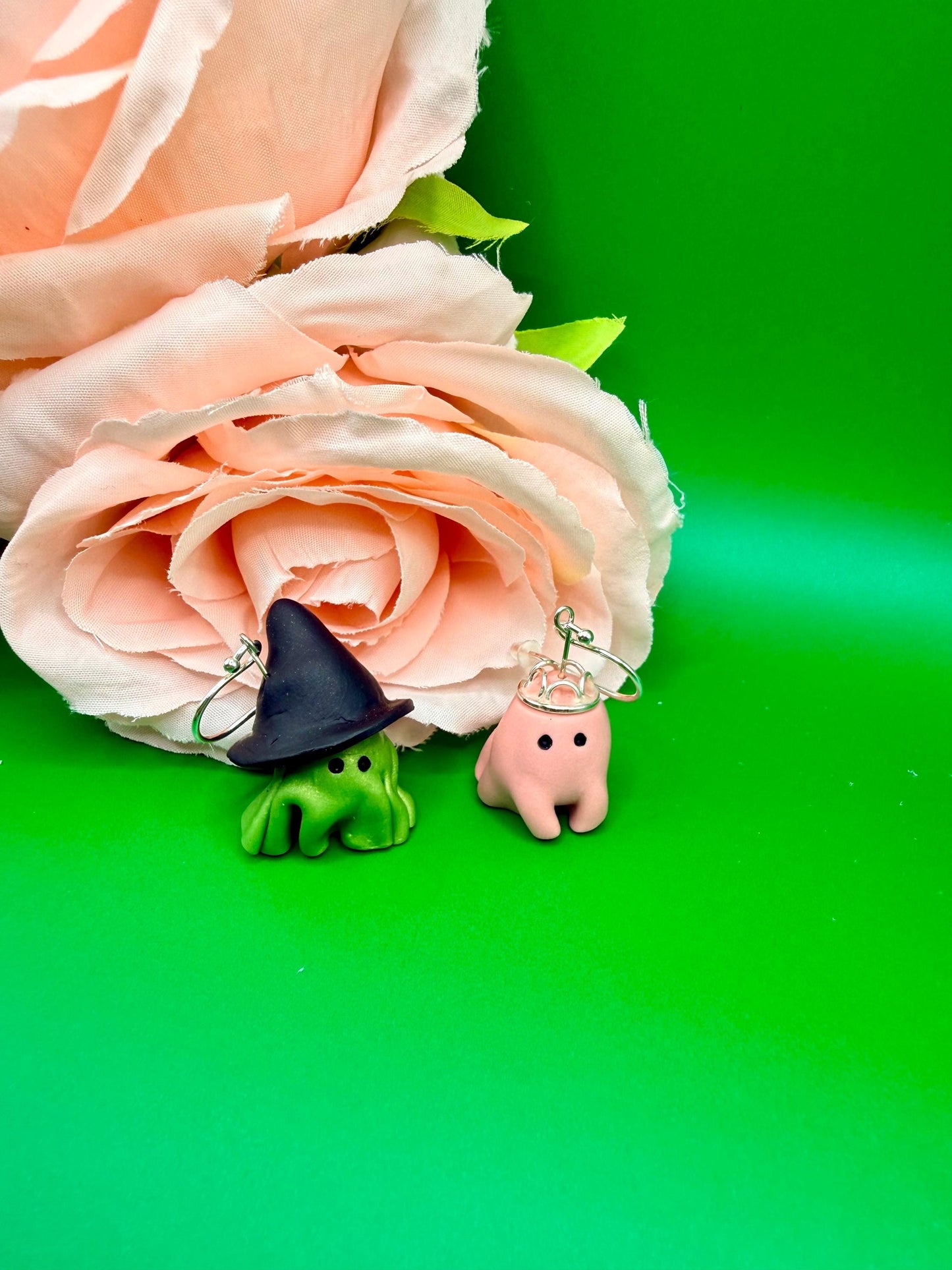 Pink and Green Ghost Dangle Earrings, Hypoallergenic, Musical Theater